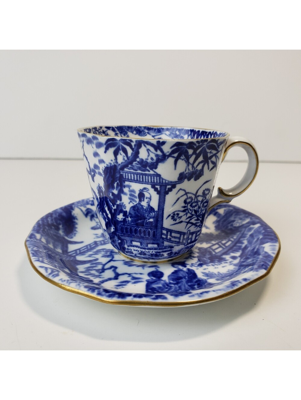 Vintage Royal Crown Derby Blue Mikado Demitasse Teacup & Saucer Set Chinoiserie